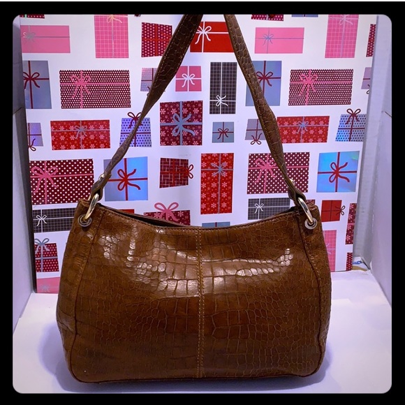 Perlina Croc Embossed Brown Leather Shoulder Bag - Picture 2 of 16